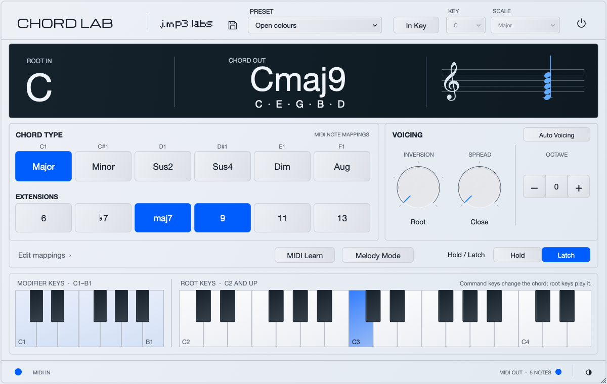 Chord Lab 1.0.0 interface showing Cmaj9 output, chord qualities and extensions, Auto Voicing, MIDI Learn, Melody Mode and separate modifier and root keyboards.