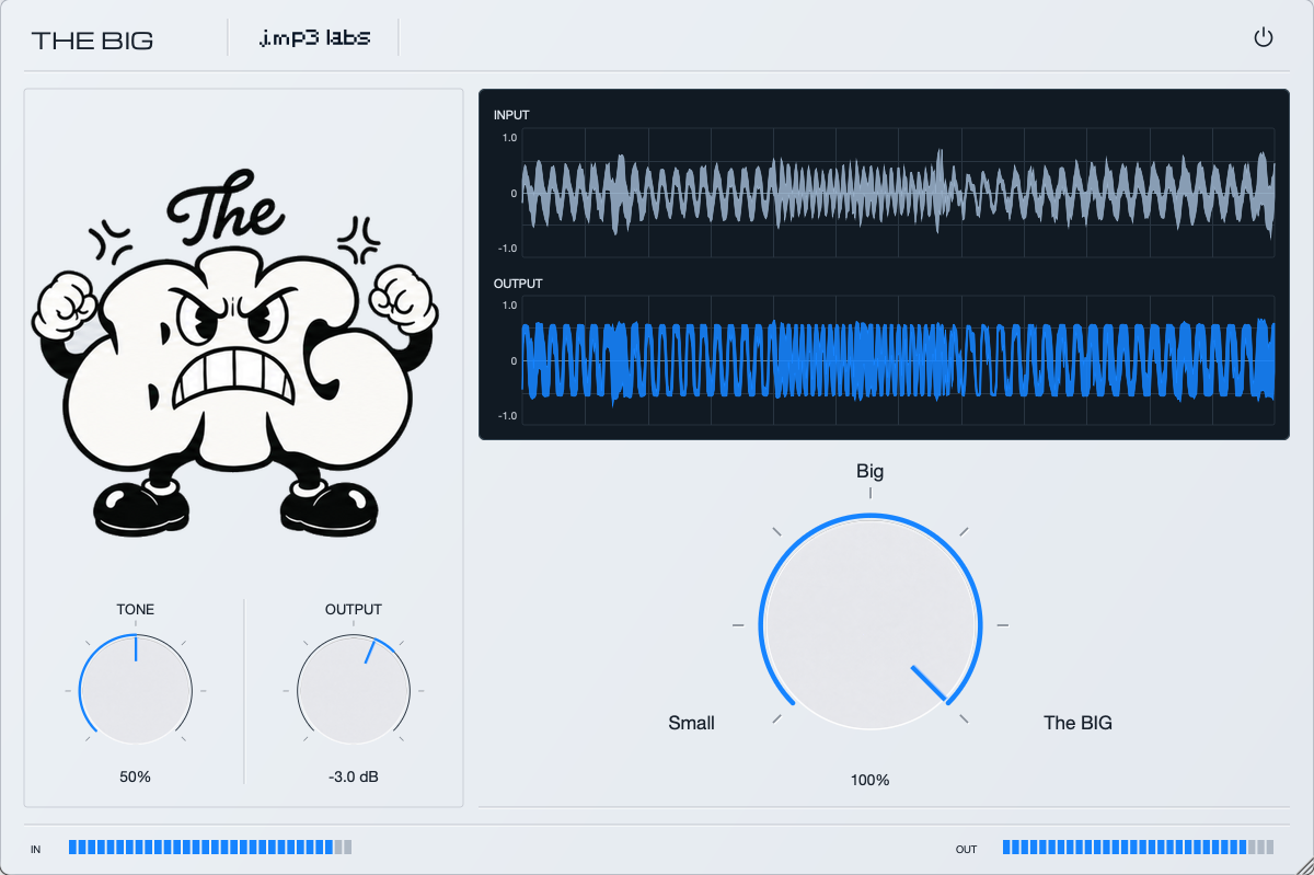 The BIG interface with its cartoon character, aligned input and output waveforms, large Amount dial, and Tone and Output controls.